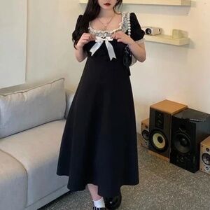 BSEVENI Puff Short Sleeve Lace Trim Midi A-Line Dress Size S/M